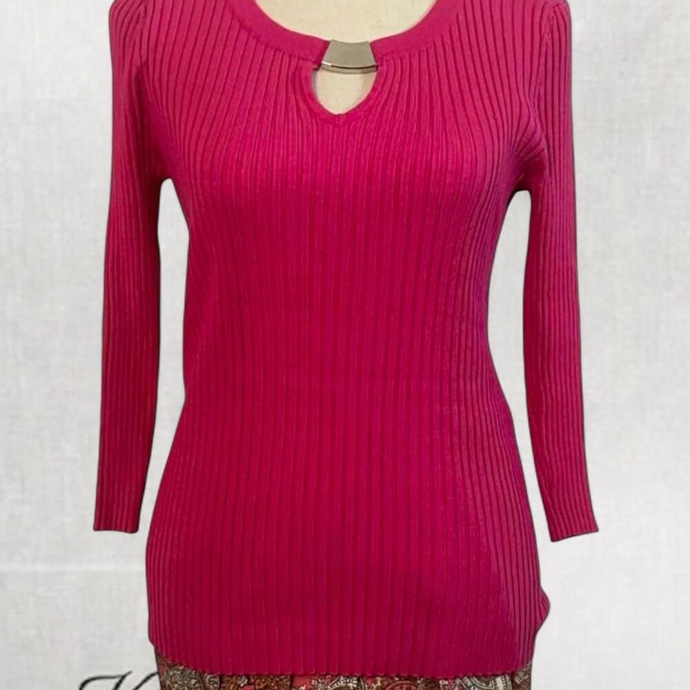 Hot Pink Barbiecore Y2K Style Ribbed Long Sleeve Top with Metal Neckline